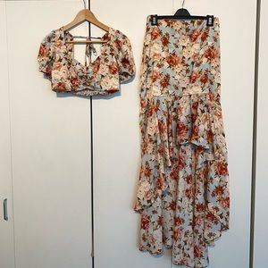 Two Piece Baby Blue Floral Dress, Size S top, M bottom